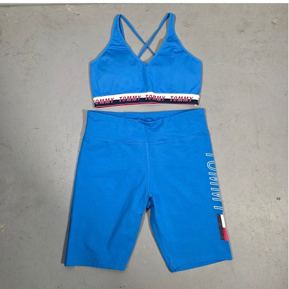 Tommy Hilfiger Dresses & Skirts - Tommy Hilfiger Sport Blue Logo Biker Shorts and Sports Bra Set Womens Large